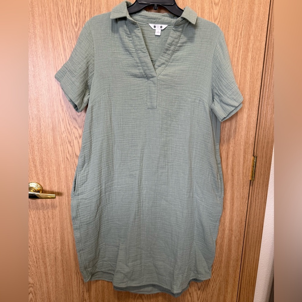 Three Dots Pale Green Cotton Gauze Short Sleeve Loose Fit Casual Dress
